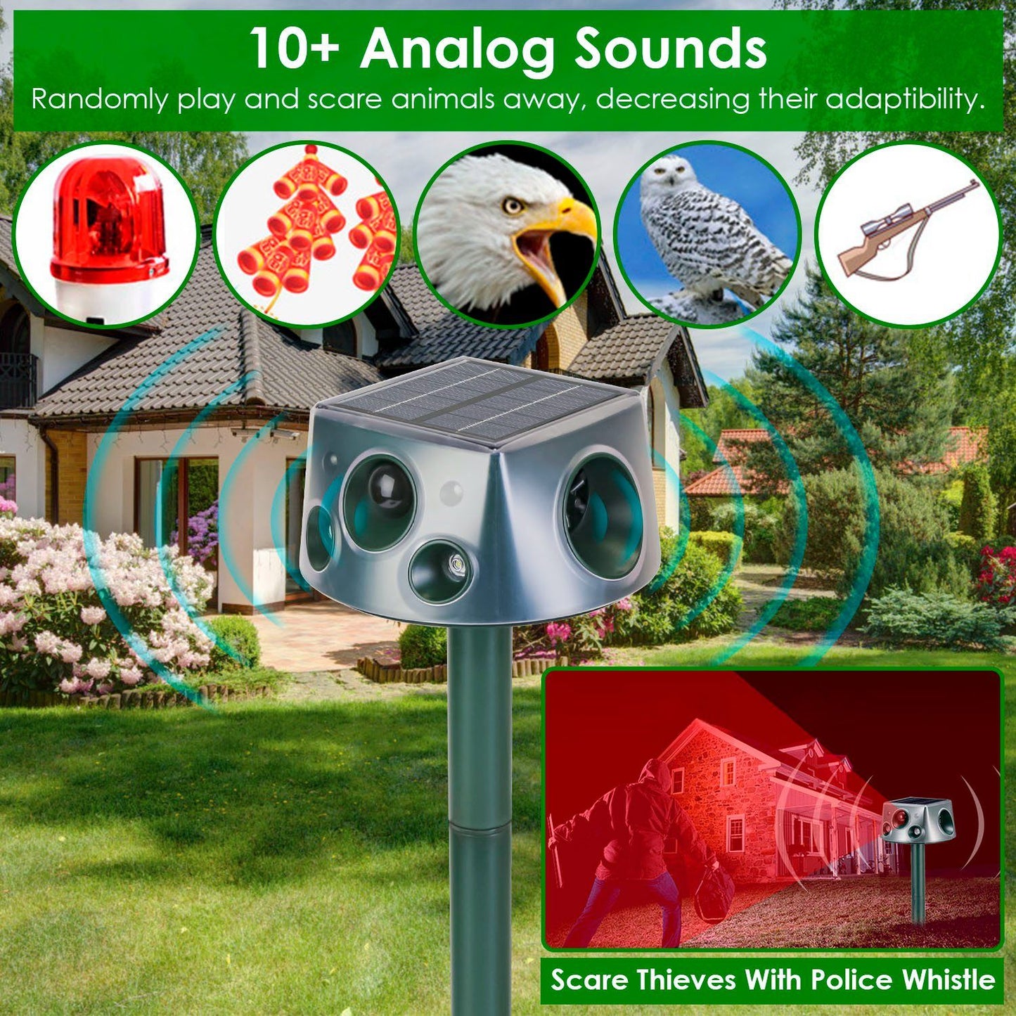 Outdoor Animal Repeller - 3 Efficient Modes, Solar/Type-C Charging, IP66 Waterproof, Buzzer Vibration, Easy Install for Garden Yard Farm