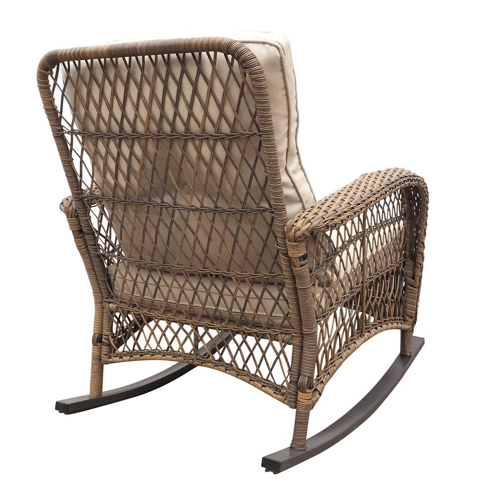 Outdoor Wicker Rocking Chair; Patio Rattan Rocker Chair with Soft Cushions and Steel Frame; Khaki