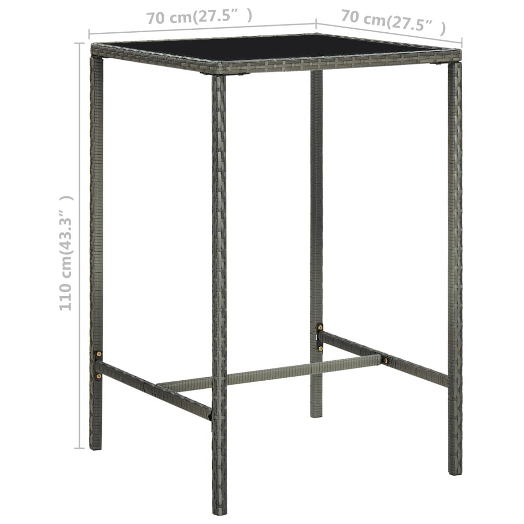 Patio Bar Table Gray 27.6"x27.6"x43.3" Poly Rattan and Glass