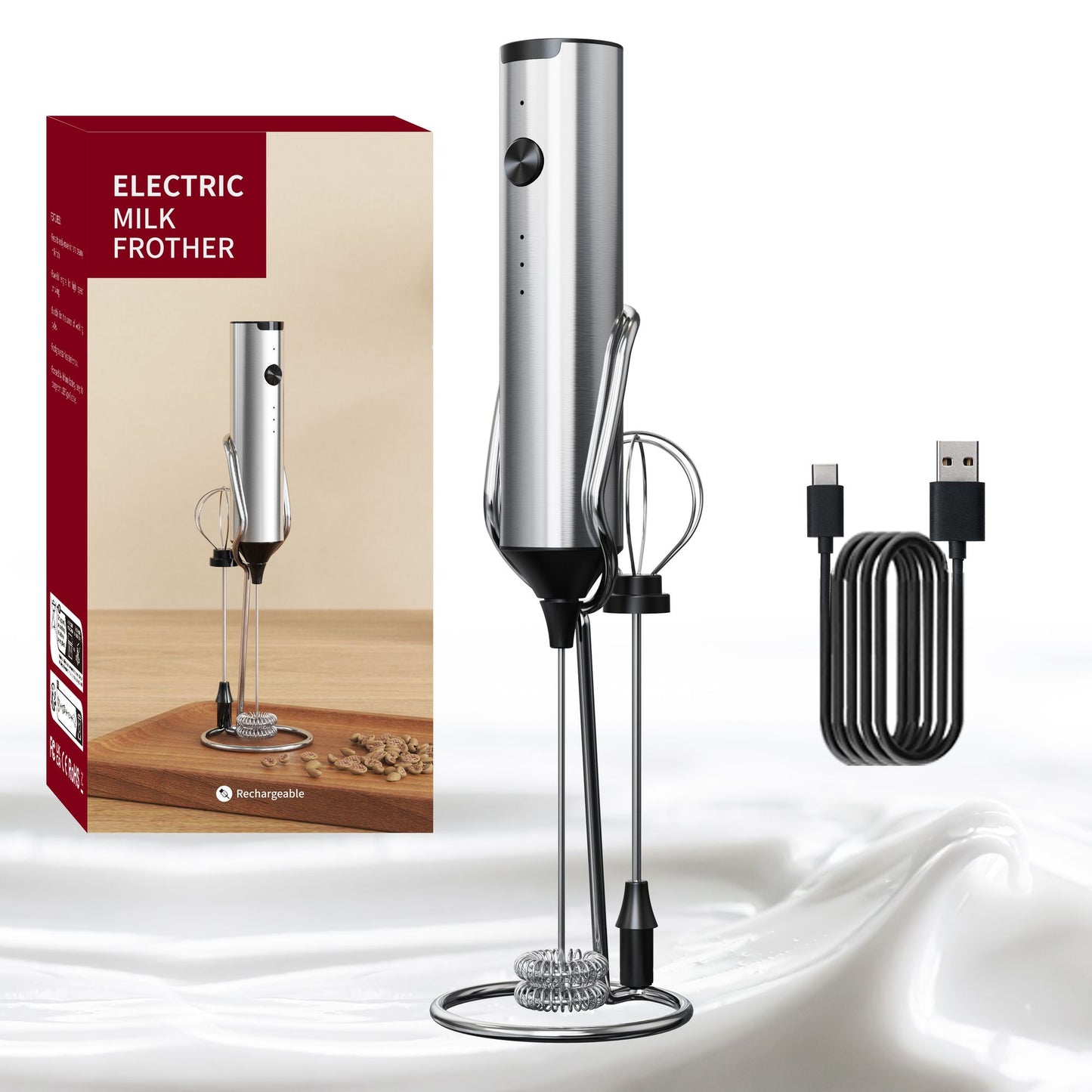 [Pick-Up Only] Madrigal Rechargeable Milk Frother with Stand, Dual 304 Stainless Steel Whisks, USB-C Mini Mixer for Drinks, Cappuccino & Hot Chocolate, 3-Speed Handheld Drink Mixer for Lattes
