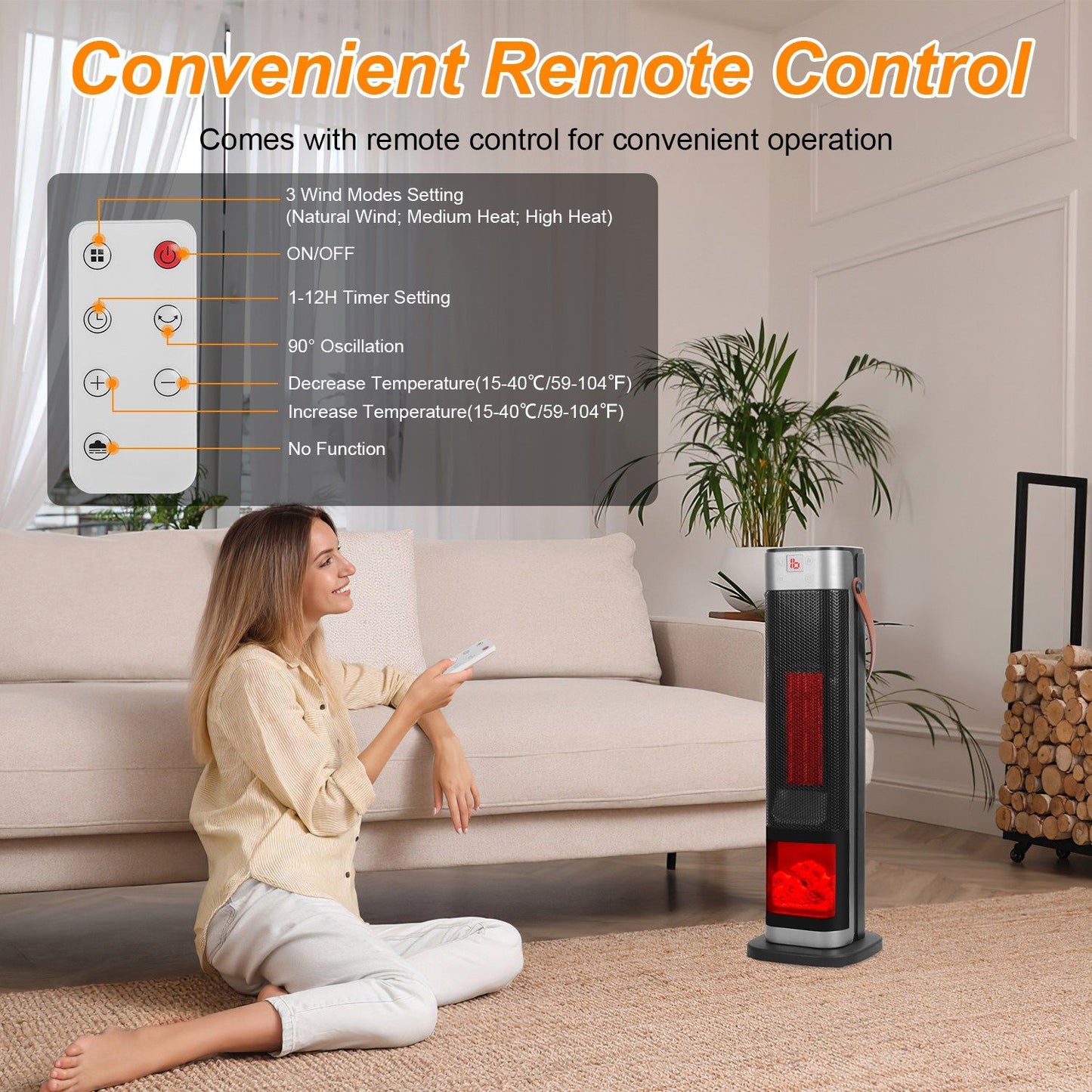 Portable 1500W Space Heater with Fireplace,90° Oscillating PTC Ceramic, Adjustable Thermostat Tower Heater,Overheating and Tip-Over Protection Fast Heating,Remote for Indoor