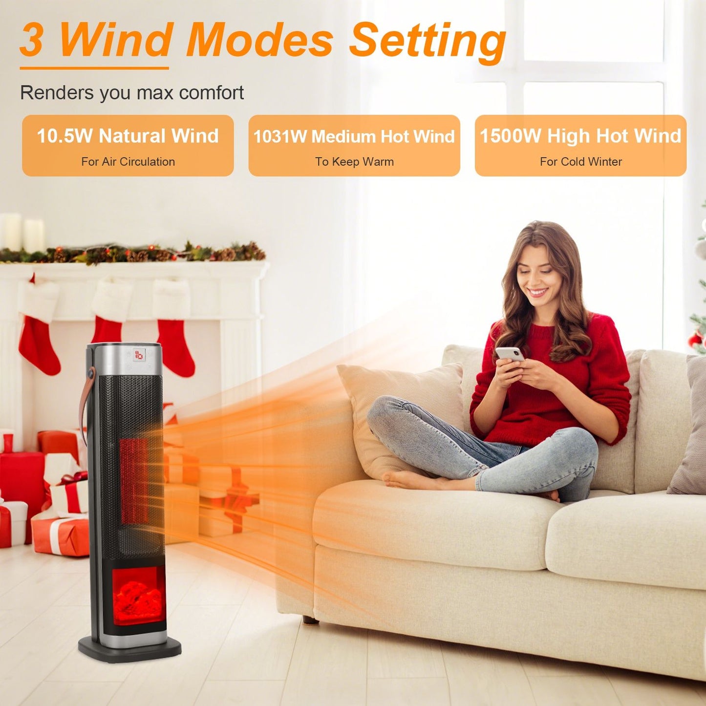 Portable 1500W Space Heater with Fireplace,90° Oscillating PTC Ceramic, Adjustable Thermostat Tower Heater,Overheating and Tip-Over Protection Fast Heating,Remote for Indoor