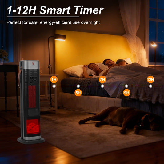 Portable 1500W Space Heater with Fireplace,90° Oscillating PTC Ceramic, Adjustable Thermostat Tower Heater,Overheating and Tip-Over Protection Fast Heating,Remote for Indoor