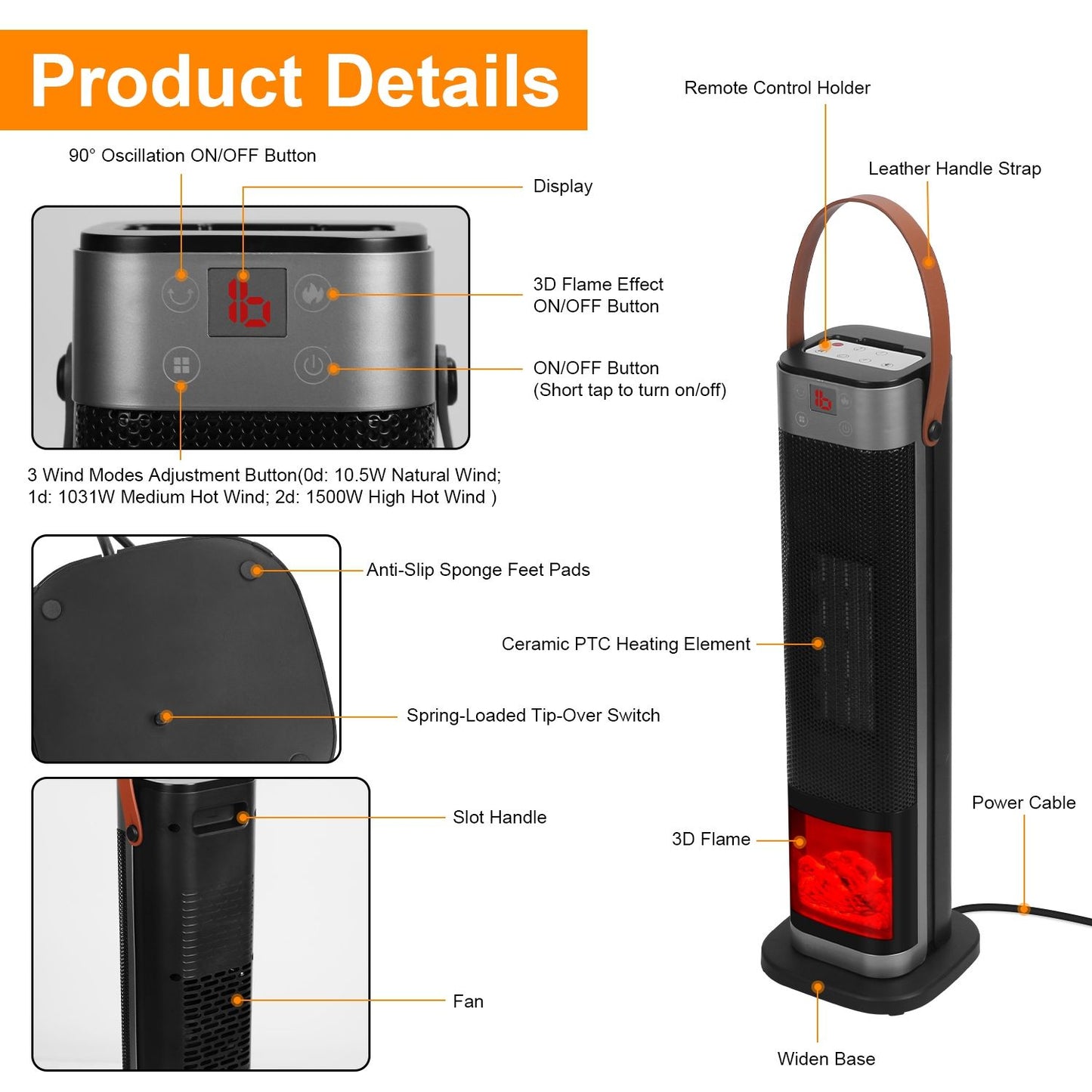 Portable 1500W Space Heater with Fireplace,90° Oscillating PTC Ceramic, Adjustable Thermostat Tower Heater,Overheating and Tip-Over Protection Fast Heating,Remote for Indoor