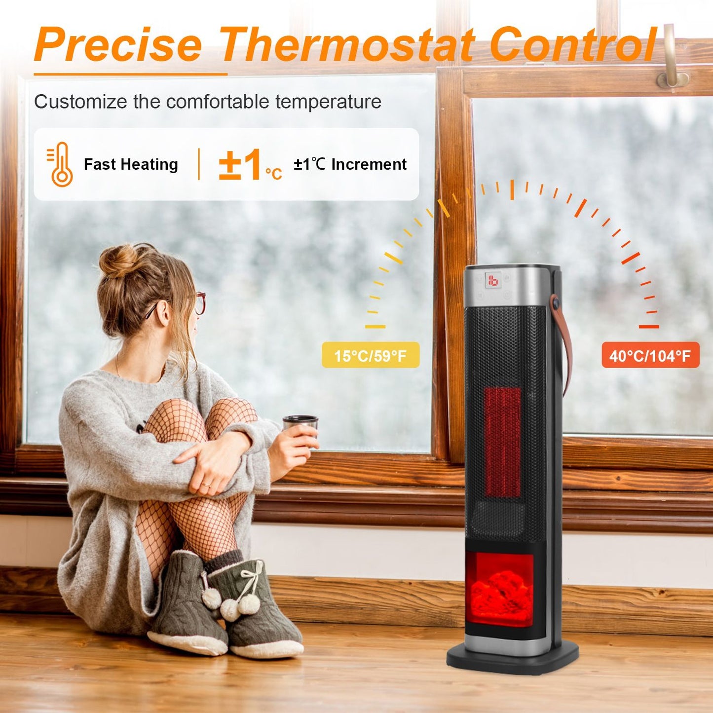 Portable 1500W Space Heater with Fireplace,90° Oscillating PTC Ceramic, Adjustable Thermostat Tower Heater,Overheating and Tip-Over Protection Fast Heating,Remote for Indoor