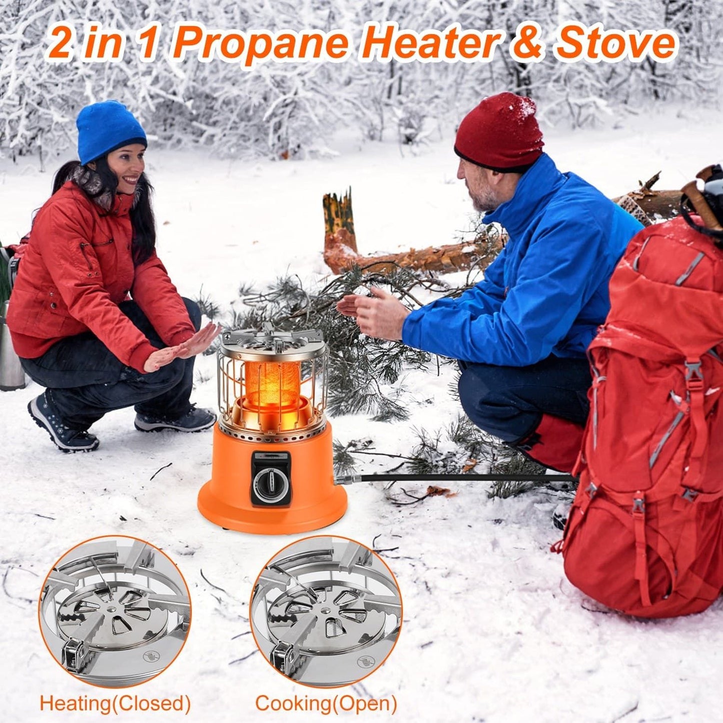 Portable 2 in 1 Propane Heater & Stove - 3000W 360° Heating with Stepless Flame Control, Heats 161-322 Sq Ft, Perfect for Camping RV Backyard Hot Pot