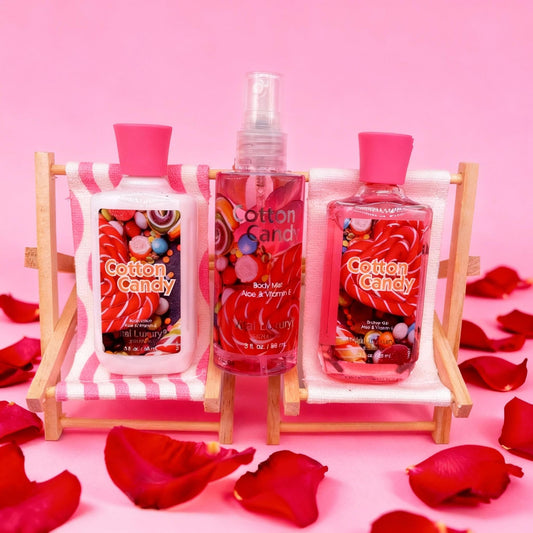 Portable 3pc Body Care Gift Set - Cherry Blossom & Cotton Candy Scents - Hydrating Shower Gel Body Lotion & Fragrance Mist Kit