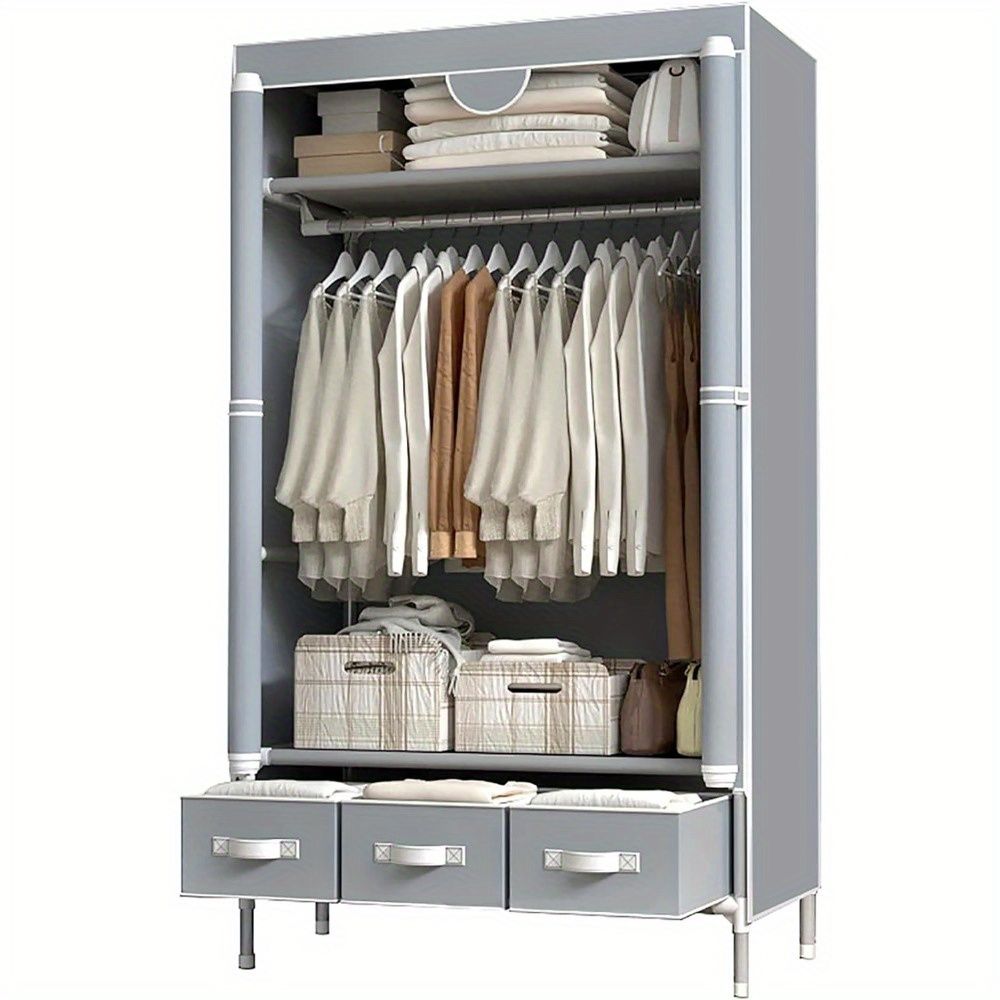Portable Clothes Closet Rolling Door Wardrobe with Hanging Rack Non-Woven Fabric Storage Organizer with Three Drawer Boxes No-Tool Assembly - 67in*35.4in*17.7in(Gray)