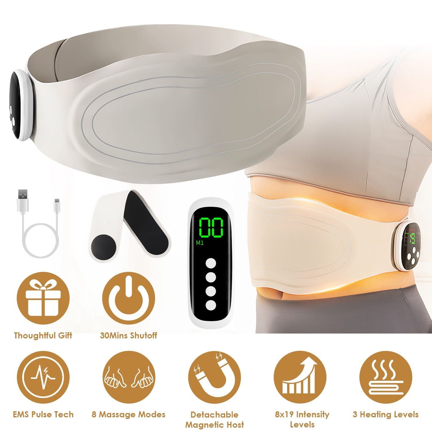 Portable Cordless EMS Heating Pad Massager 8 Customizable Modes,19 Intensity Levels,3 Heating Settings,Magnetic Detachable Host,Perfect Gift for Back Pain,Period Cramps,Post Workout Recovery