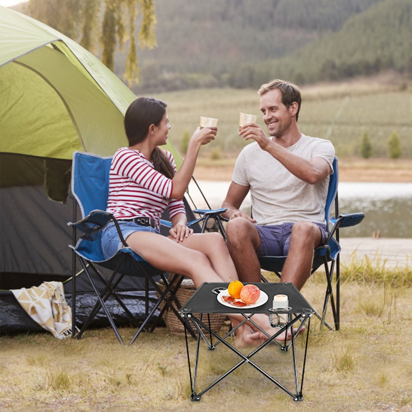 Portable Folding Camp Table 18.5"×18.5" – Ultralight 2 lb, 44 lb Load, 600D Oxford Top, Built-in 2 Cup Holders, Pop-Up Setup, Mini Square Table for Picnic, Beach, Tailgate & Travel