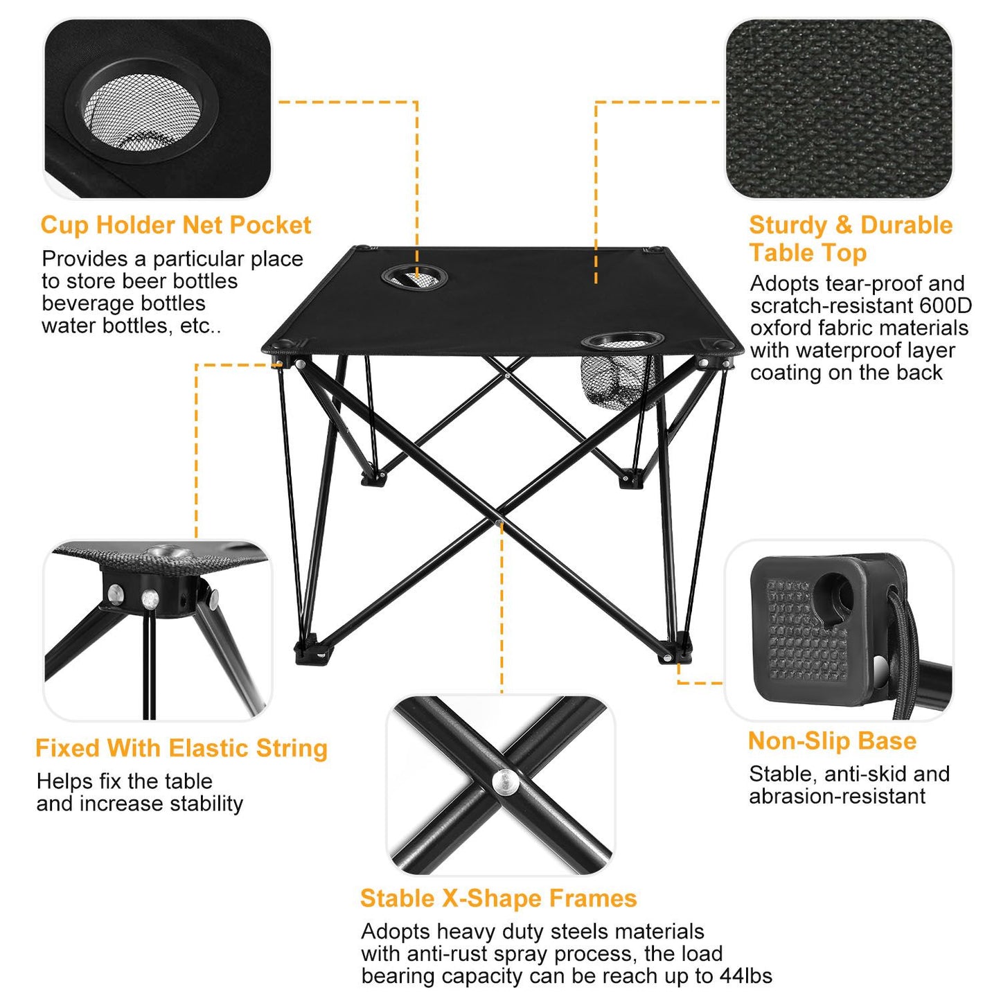 Portable Folding Camp Table 18.5"×18.5" – Ultralight 2 lb, 44 lb Load, 600D Oxford Top, Built-in 2 Cup Holders, Pop-Up Setup, Mini Square Table for Picnic, Beach, Tailgate & Travel