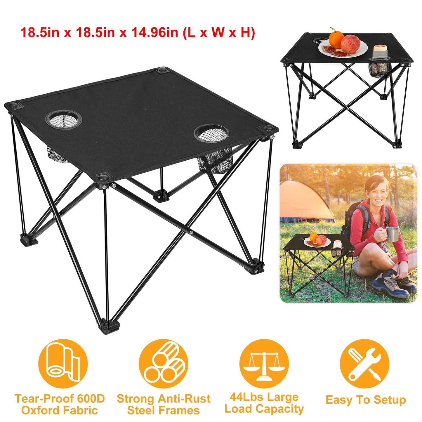 Portable Folding Camp Table 18.5"×18.5" – Ultralight 2 lb, 44 lb Load, 600D Oxford Top, Built-in 2 Cup Holders, Pop-Up Setup, Mini Square Table for Picnic, Beach, Tailgate & Travel