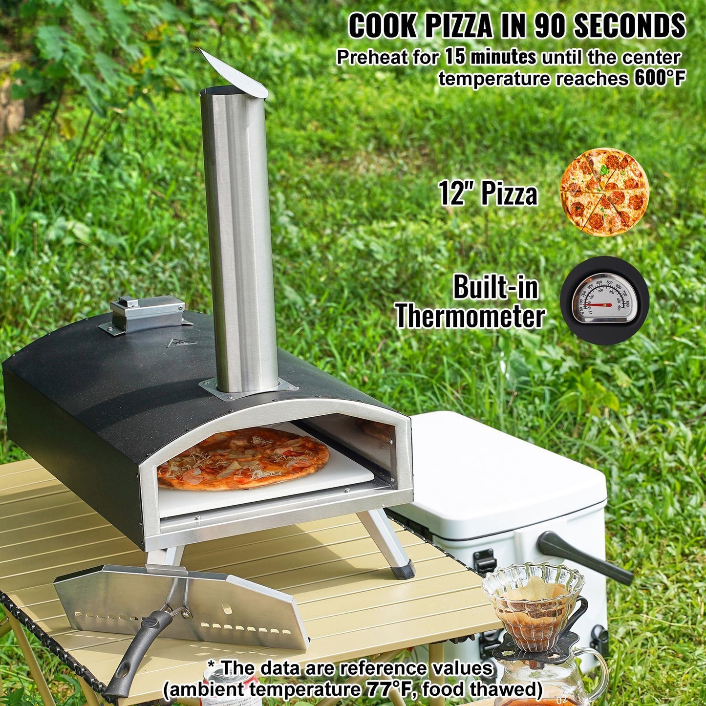 Portable Outdoor Oven, 12-inch Pizza Oven, Pellet & Chips & Charcoal Tri-Fuel, Iron Spray Pizza Grill, Includes Pizza Stone, Waterproof Cover, Shovel, Ideal for Camping & Backyard, Black