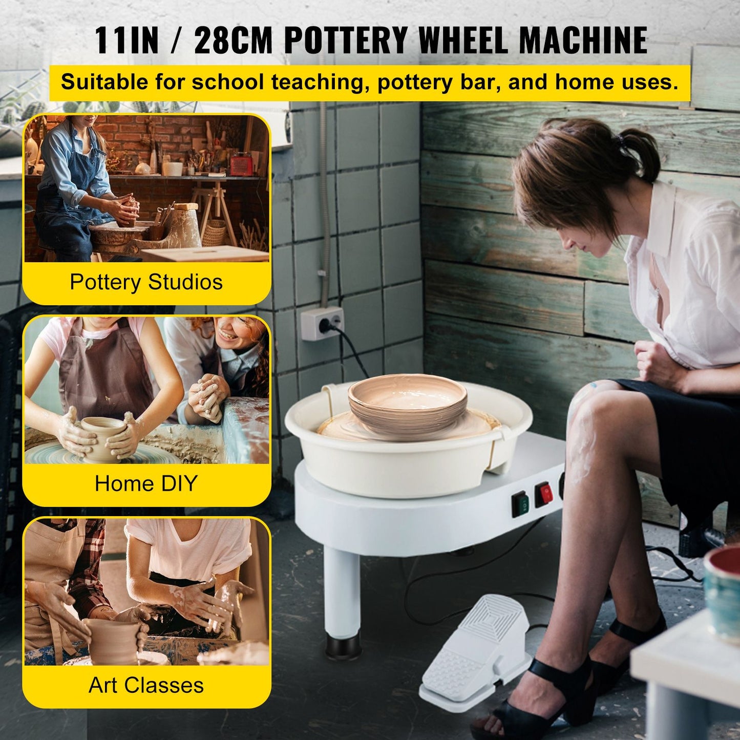 Pottery Wheel, 11in Ceramic Wheel Forming Machine, 0-300RPM Speed Manual Adjustable 0-7.8in Lift Leg, Foot Pedal Detachable Basin, Sculpting Tool Accessory Kit for Work Art Craft DIY
