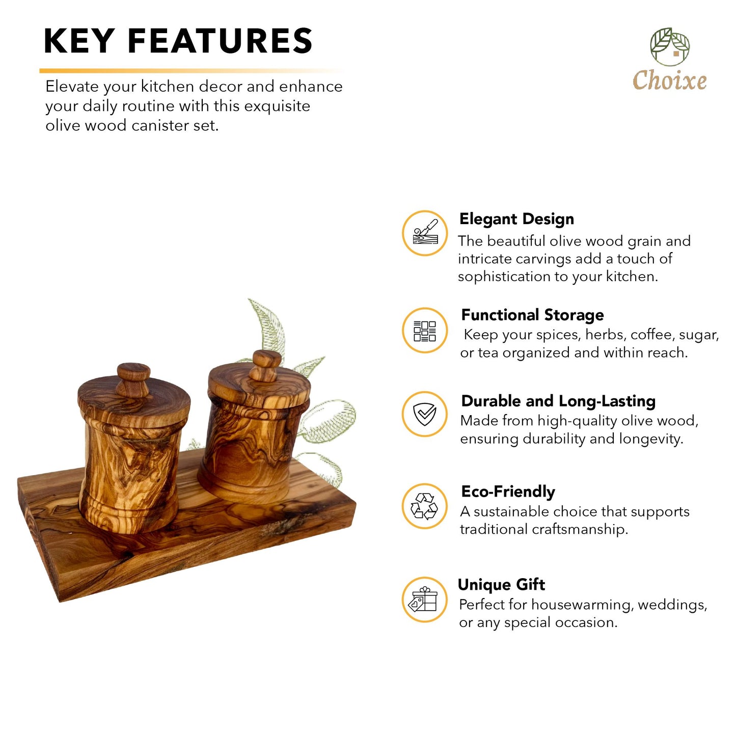 Premium Olive Wood Canister Set with Carved Storage Base - Elegant Countertop Kitchen Organizers for Spices, Tea, Coffee
