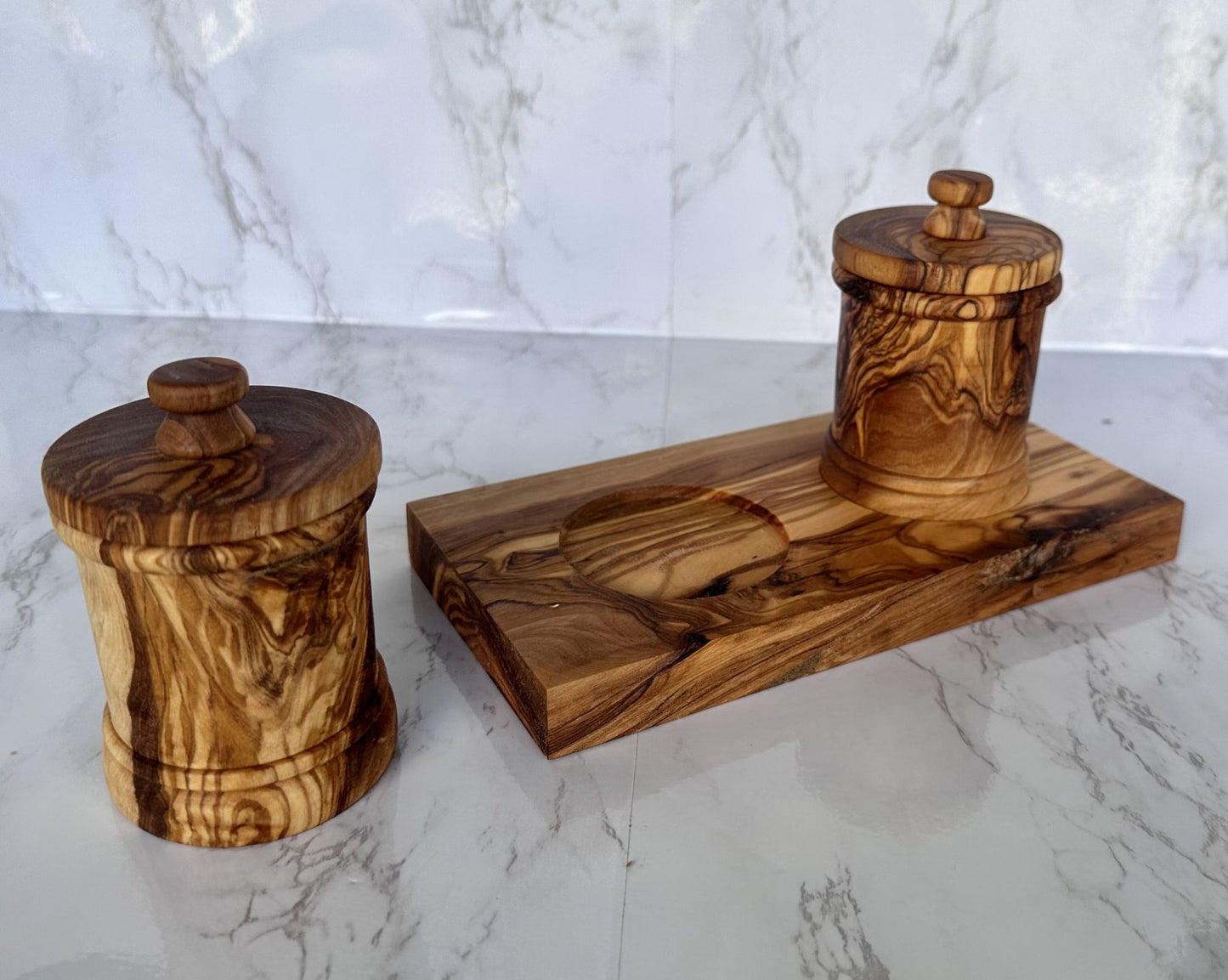 Premium Olive Wood Canister Set with Carved Storage Base - Elegant Countertop Kitchen Organizers for Spices, Tea, Coffee