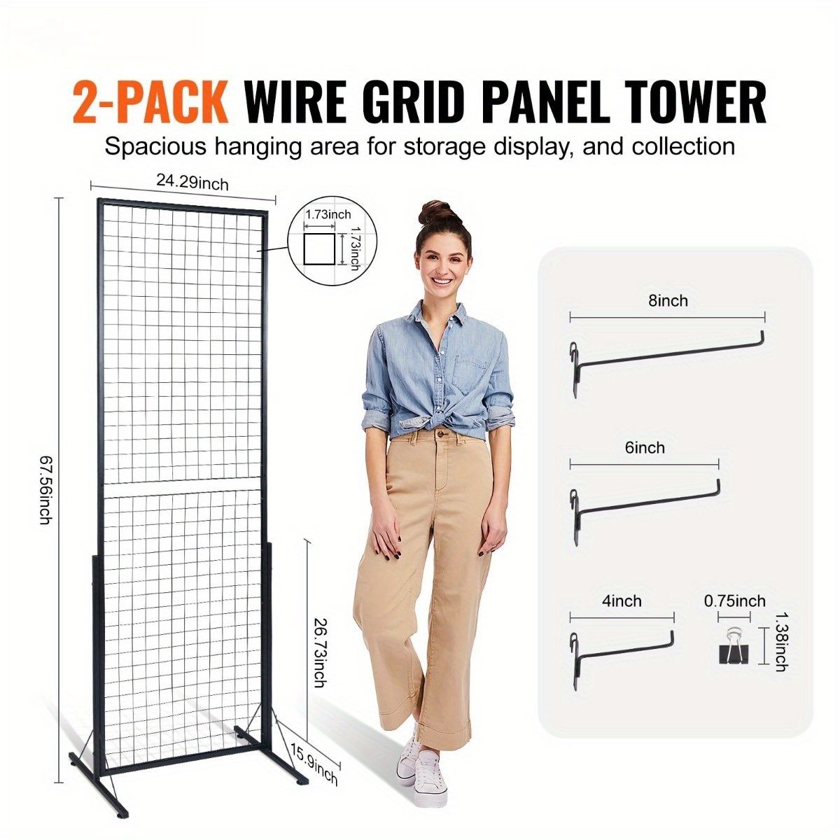 Professional Gridwall Display System 2-Pack 24"x67" Double-Sided Retail Grid Wall Panels with Sturdy T-Base & 20 Display Hooks/Clips for Boutique, Craft Fair & Trade Show