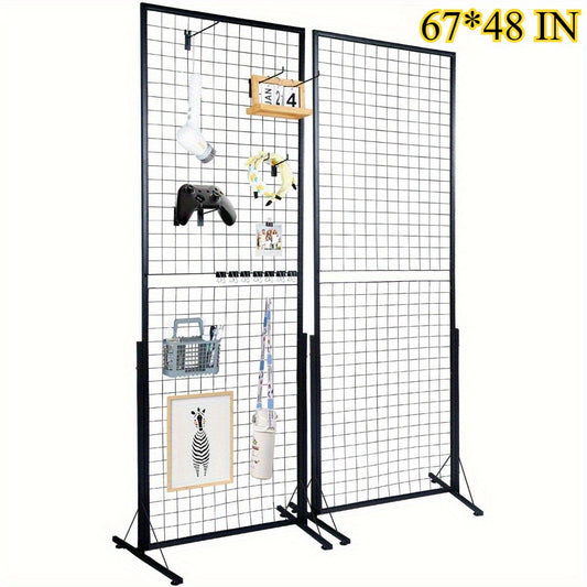 Professional Gridwall Display System 2-Pack 24"x67" Double-Sided Retail Grid Wall Panels with Sturdy T-Base & 20 Display Hooks/Clips for Boutique, Craft Fair & Trade Show