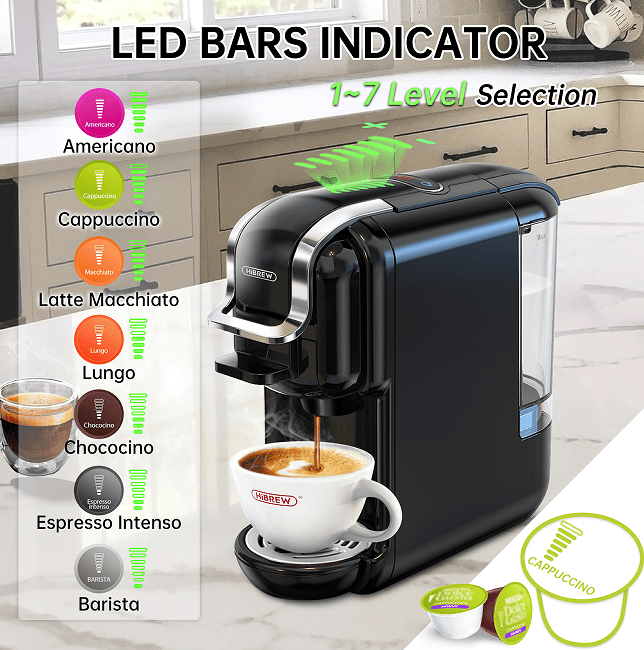 PSH2B-BK (ST514K) 5-in-1 automatic espresso machine with water level line, capsule coffee machine 19Bar hot and cold extract French Mocha Italian 600L water tank espresso, Touch Sense 1450W Kcup cap