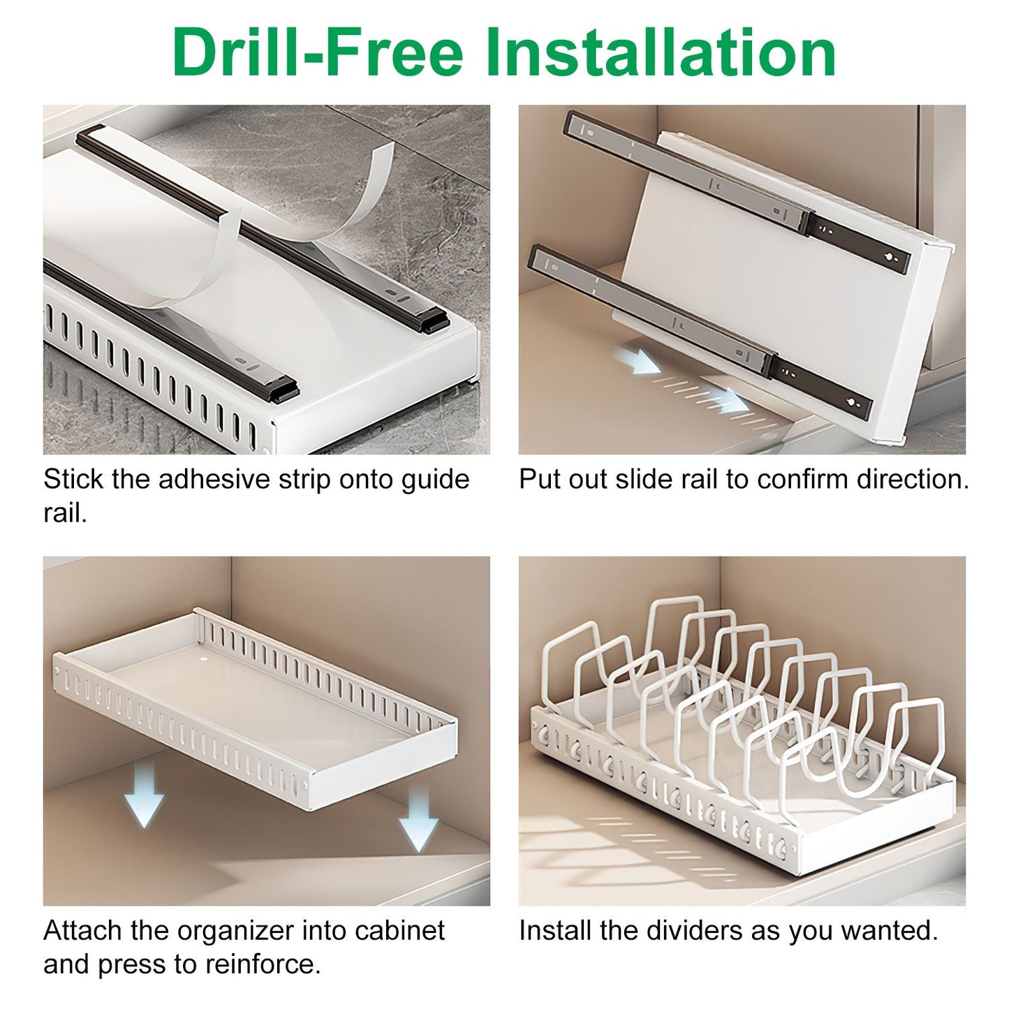 Pull Out Pots and Pans Organizer for Cabinet - 8 Adjustable Dividers, Tool-Free Installation, Damping Rail for Smooth Access, Sturdy Anti-Rust Carbon Steel - Holds Lids, Fry Pans, Bakeware & More