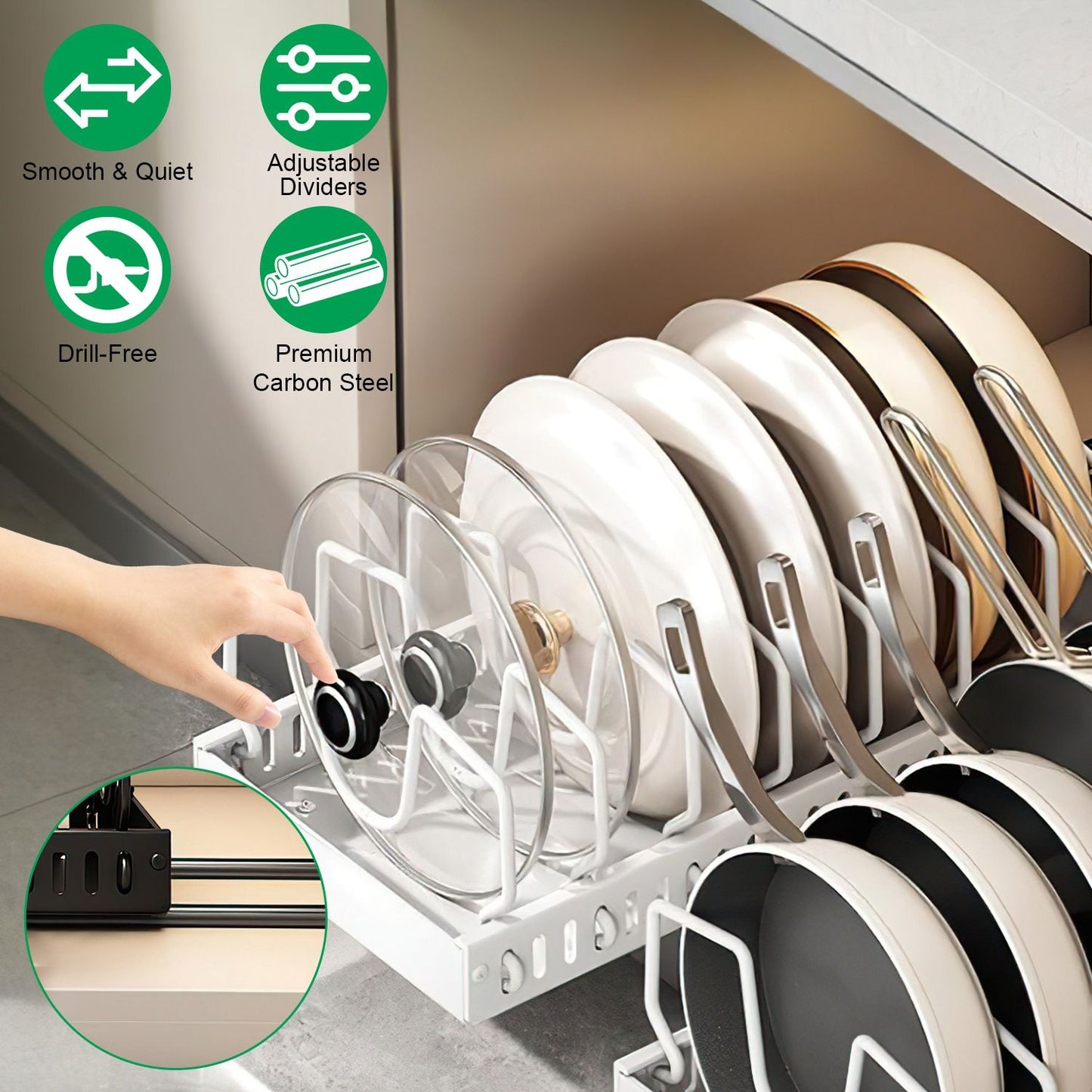 Pull Out Pots and Pans Organizer for Cabinet - 8 Adjustable Dividers, Tool-Free Installation, Damping Rail for Smooth Access, Sturdy Anti-Rust Carbon Steel - Holds Lids, Fry Pans, Bakeware & More