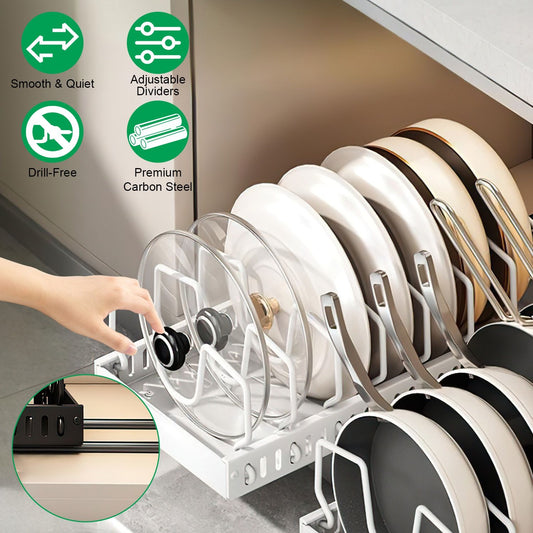 Pull Out Pots and Pans Organizer for Cabinet - 8 Adjustable Dividers, Tool-Free Installation, Damping Rail for Smooth Access, Sturdy Anti-Rust Carbon Steel - Holds Lids, Fry Pans, Bakeware & More