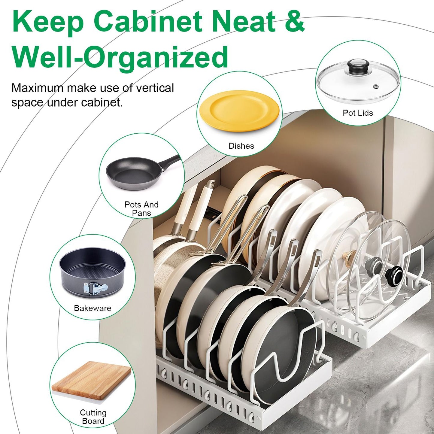 Pull Out Pots and Pans Organizer for Cabinet - 8 Adjustable Dividers, Tool-Free Installation, Damping Rail for Smooth Access, Sturdy Anti-Rust Carbon Steel - Holds Lids, Fry Pans, Bakeware & More