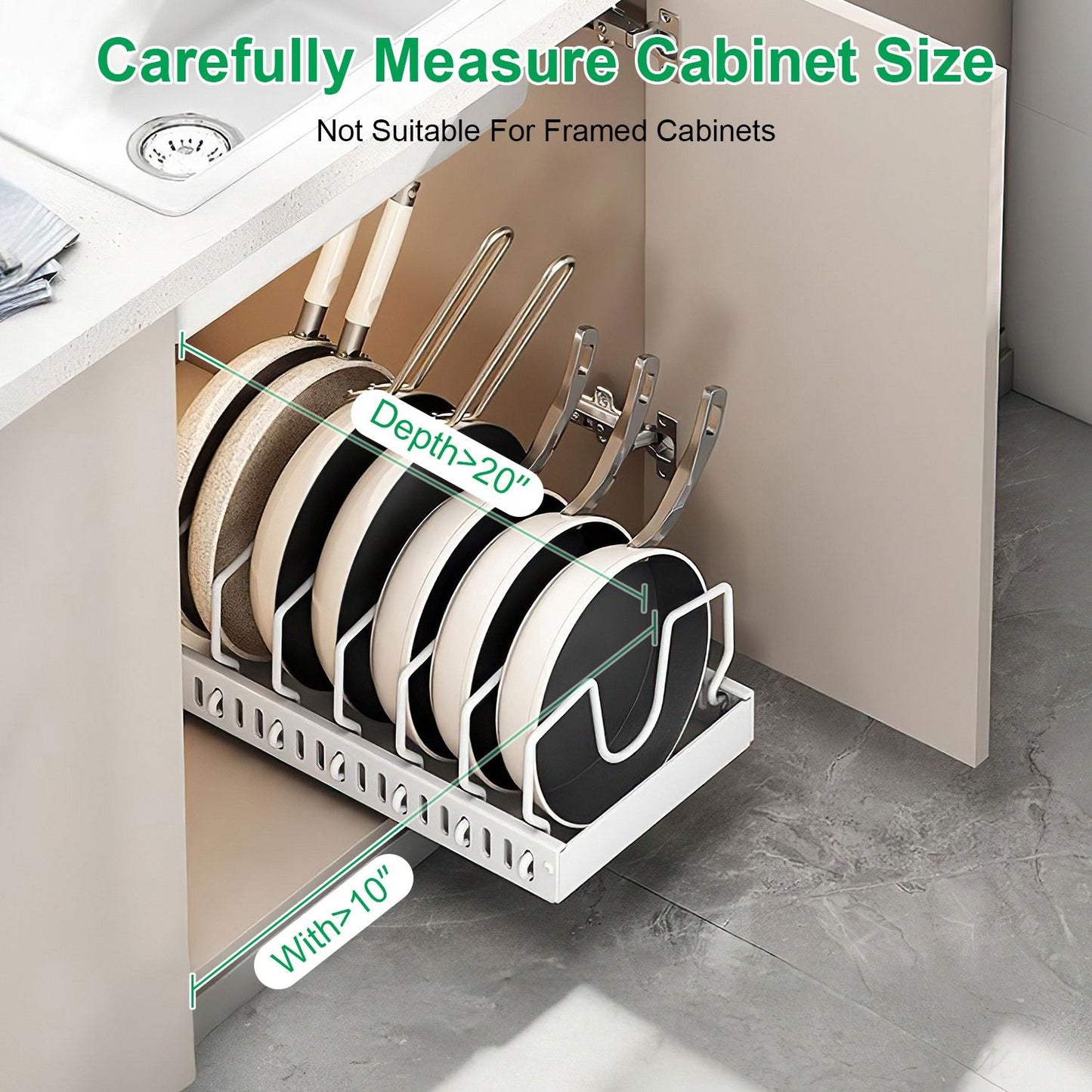 Pull Out Pots and Pans Organizer for Cabinet - 8 Adjustable Dividers, Tool-Free Installation, Damping Rail for Smooth Access, Sturdy Anti-Rust Carbon Steel - Holds Lids, Fry Pans, Bakeware & More