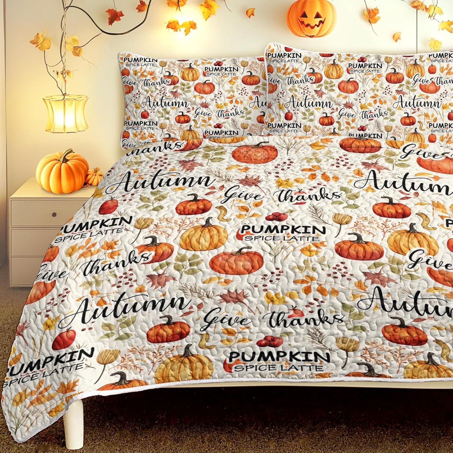 Pumpkin Autumn Leaves Design Quilt Set 3 Pieces All Seasons Bedding Quilt Bed Set with 2 Pillowcases for Kids Teens Adults Bedroom Decor Thanksgiving