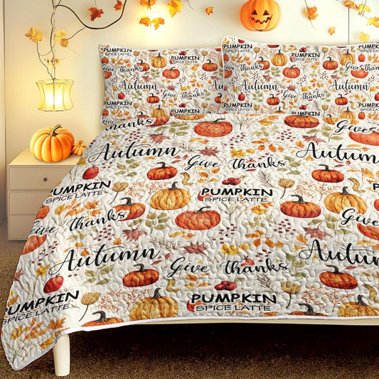 Pumpkin Autumn Leaves Design Quilt Set 3 Pieces All Seasons Bedding Quilt Bed Set with 2 Pillowcases for Kids Teens Adults Bedroom Decor Thanksgiving