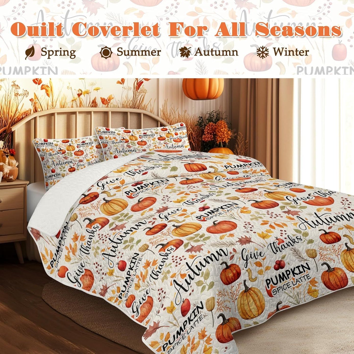 Pumpkin Autumn Leaves Design Quilt Set 3 Pieces All Seasons Bedding Quilt Bed Set with 2 Pillowcases for Kids Teens Adults Bedroom Decor Thanksgiving
