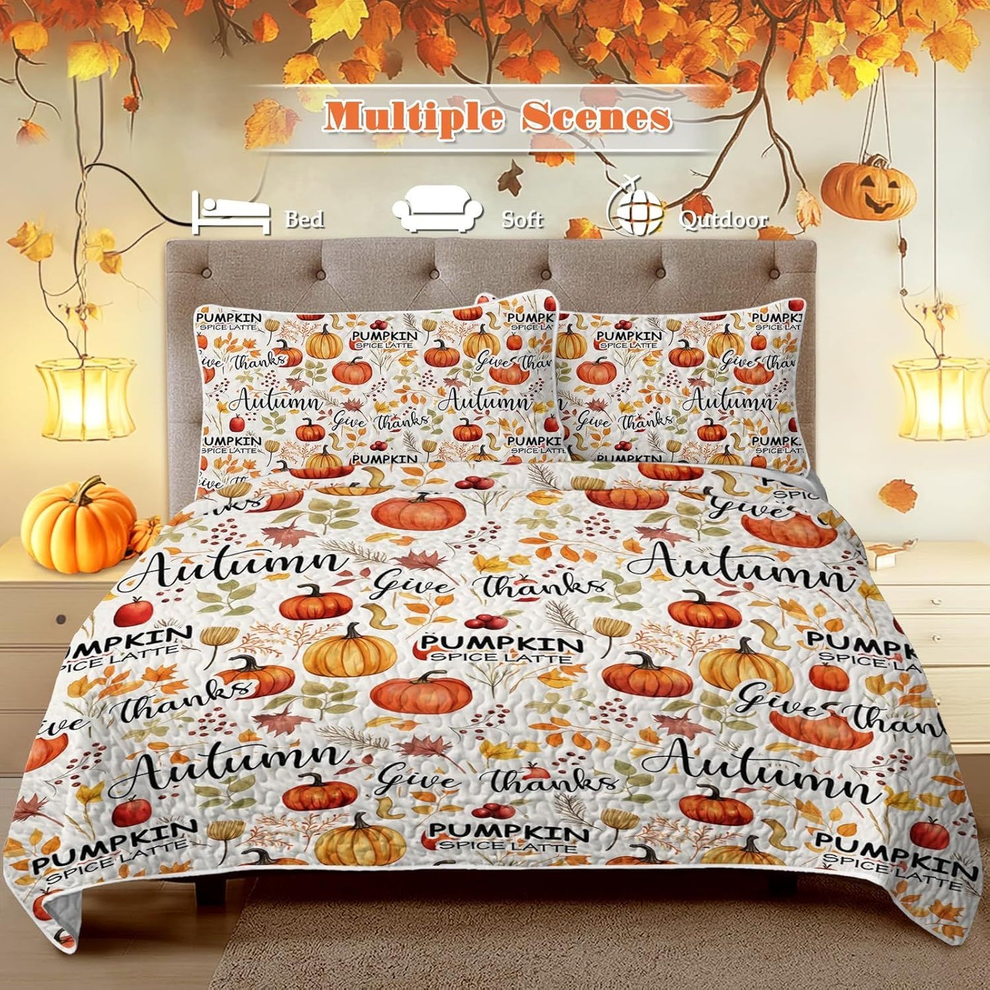 Pumpkin Autumn Leaves Design Quilt Set 3 Pieces All Seasons Bedding Quilt Bed Set with 2 Pillowcases for Kids Teens Adults Bedroom Decor Thanksgiving