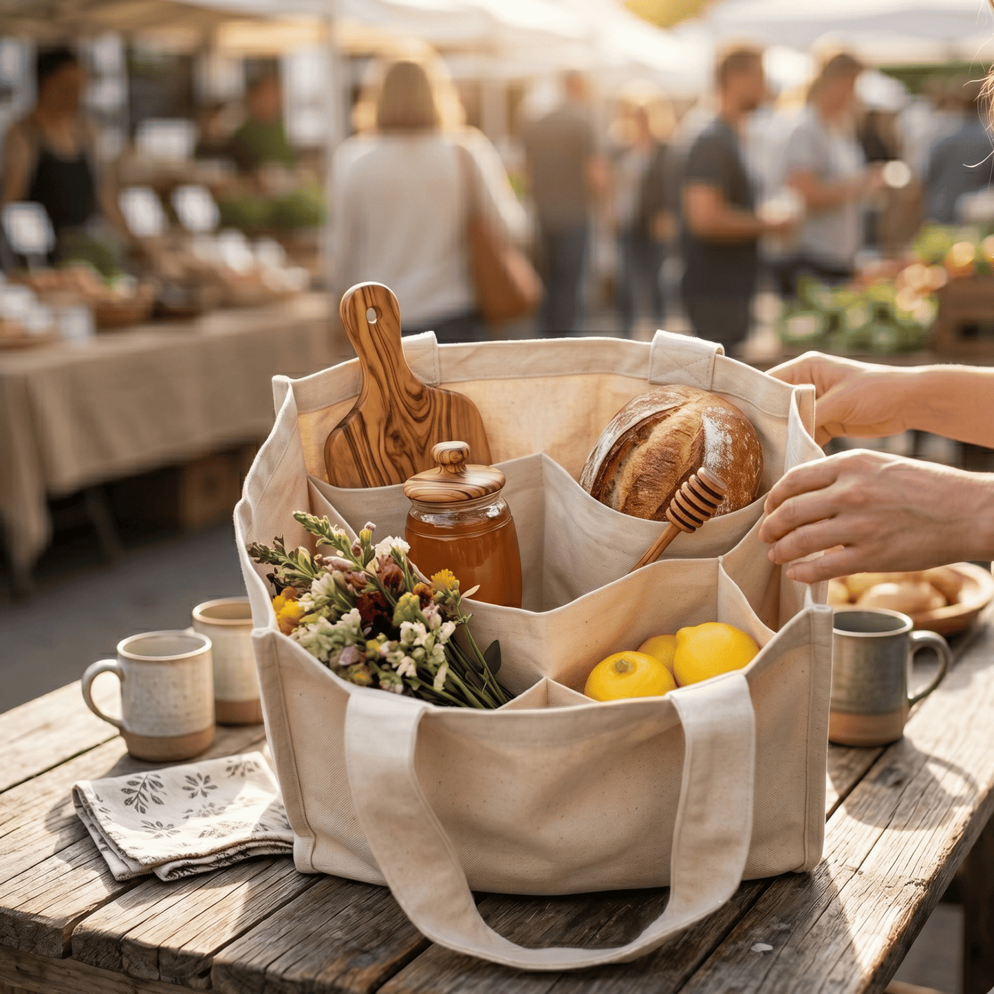 Reusable Organic Cotton Tote Grocery Mesh Bag with 6 Internal Sleeves - Eco-Friendly Washable Shopping Bag for Fruit & Vegetables