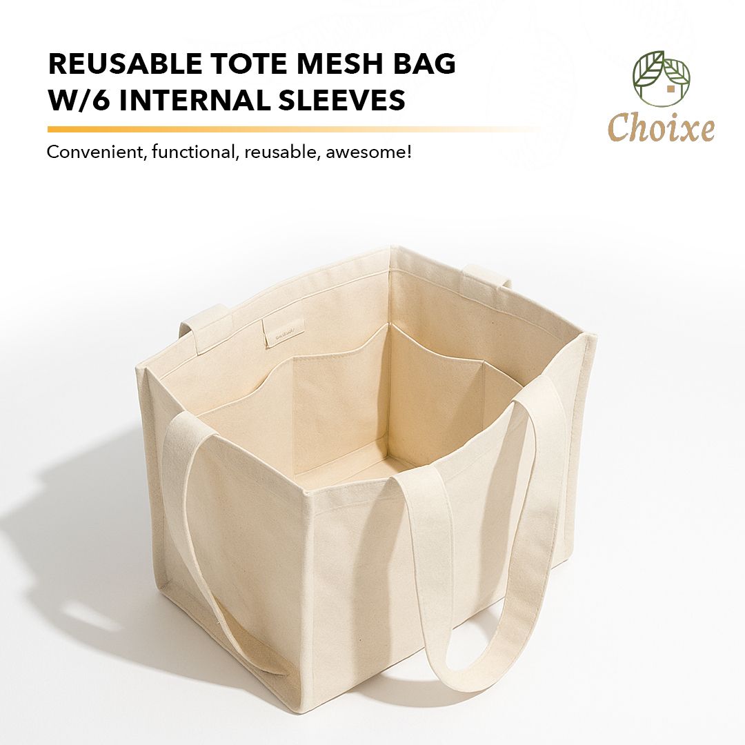 Reusable Organic Cotton Tote Grocery Mesh Bag with 6 Internal Sleeves - Eco-Friendly Washable Shopping Bag for Fruit & Vegetables
