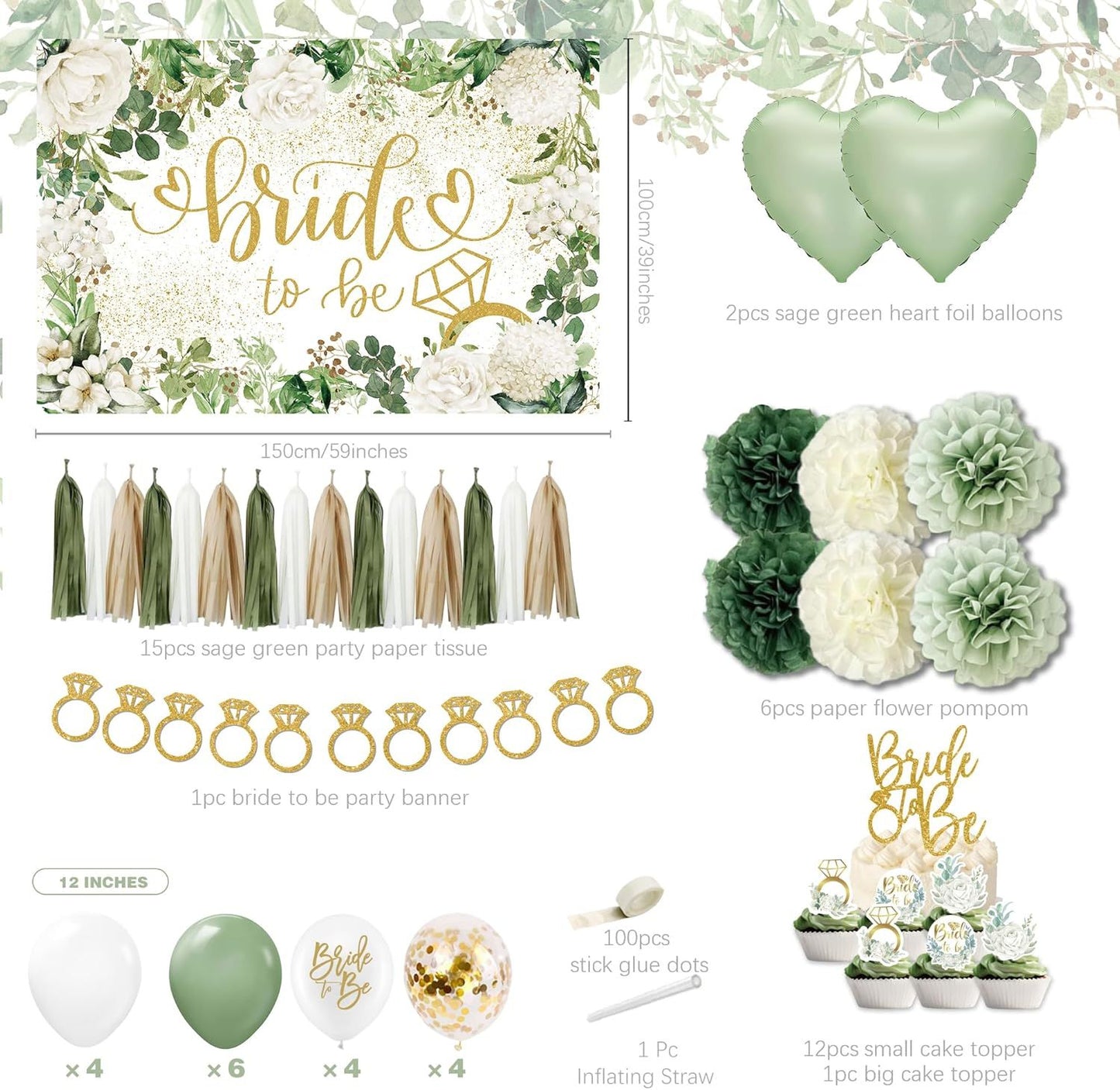 Sage Green Bridal Shower Decorations,Bachelorette Party Decorations, Bride to Be Backdrop, Bridal Shower Balloons, Paper Pom Poms Bride to Be Party Supplies for bridal shower