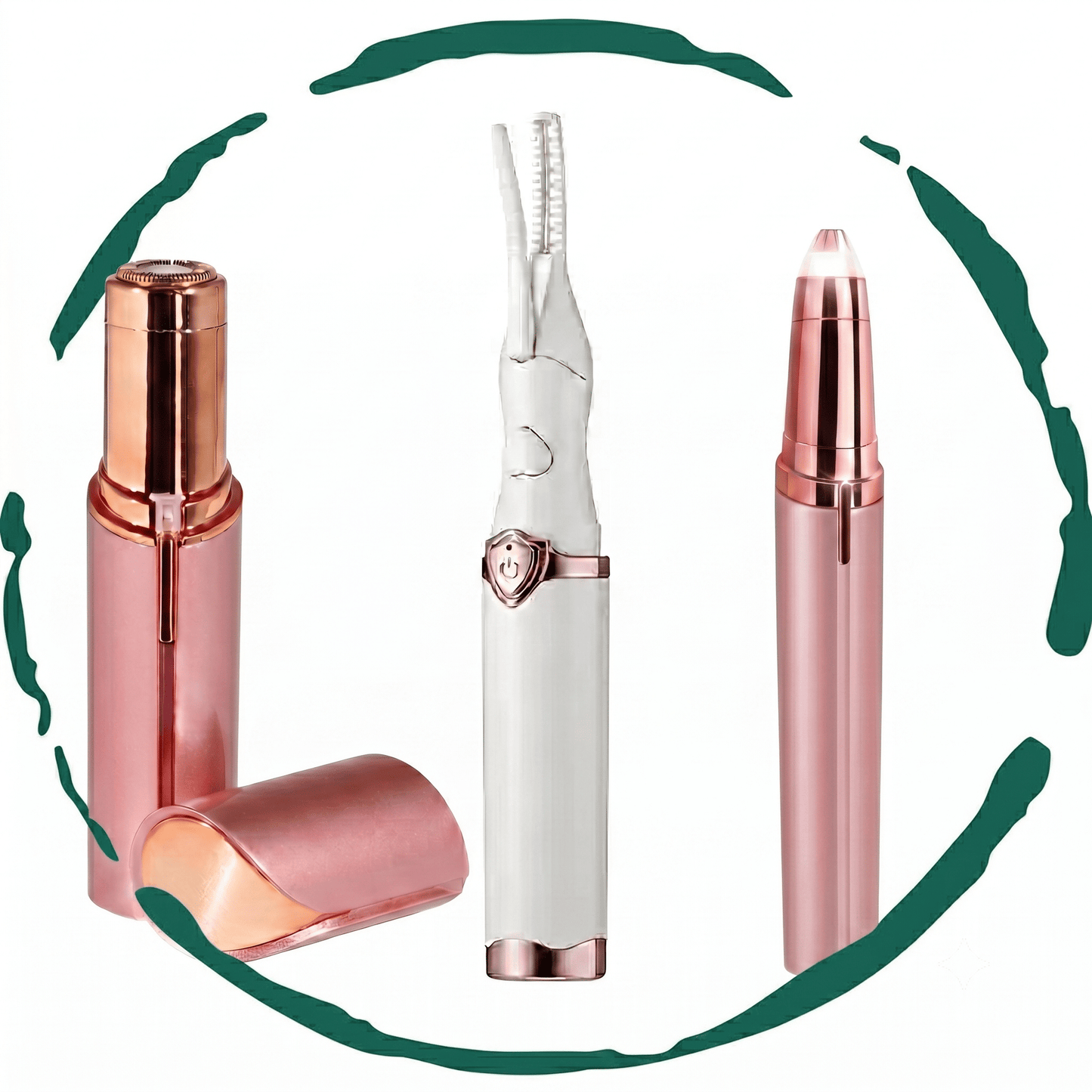 Set of 3. Rechargeable Effortless Beauty Kit - Facial Hair Remover, Eyebrow Trimmer & Heated Eyelash Curler Set