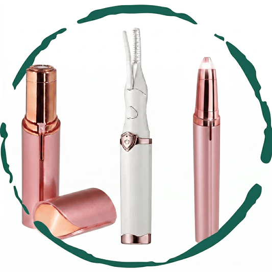 Set of 3. Rechargeable Effortless Beauty Kit - Facial Hair Remover, Eyebrow Trimmer & Heated Eyelash Curler Set