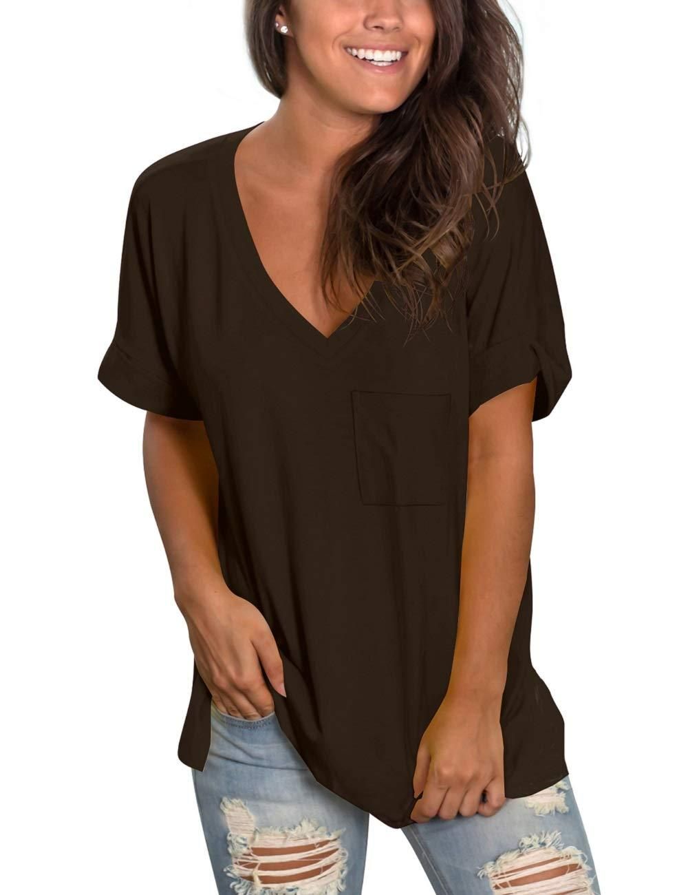 Shirts for Women Casual Summer Tops Simple Tshirts V Neck for Teen Girls Coffee M