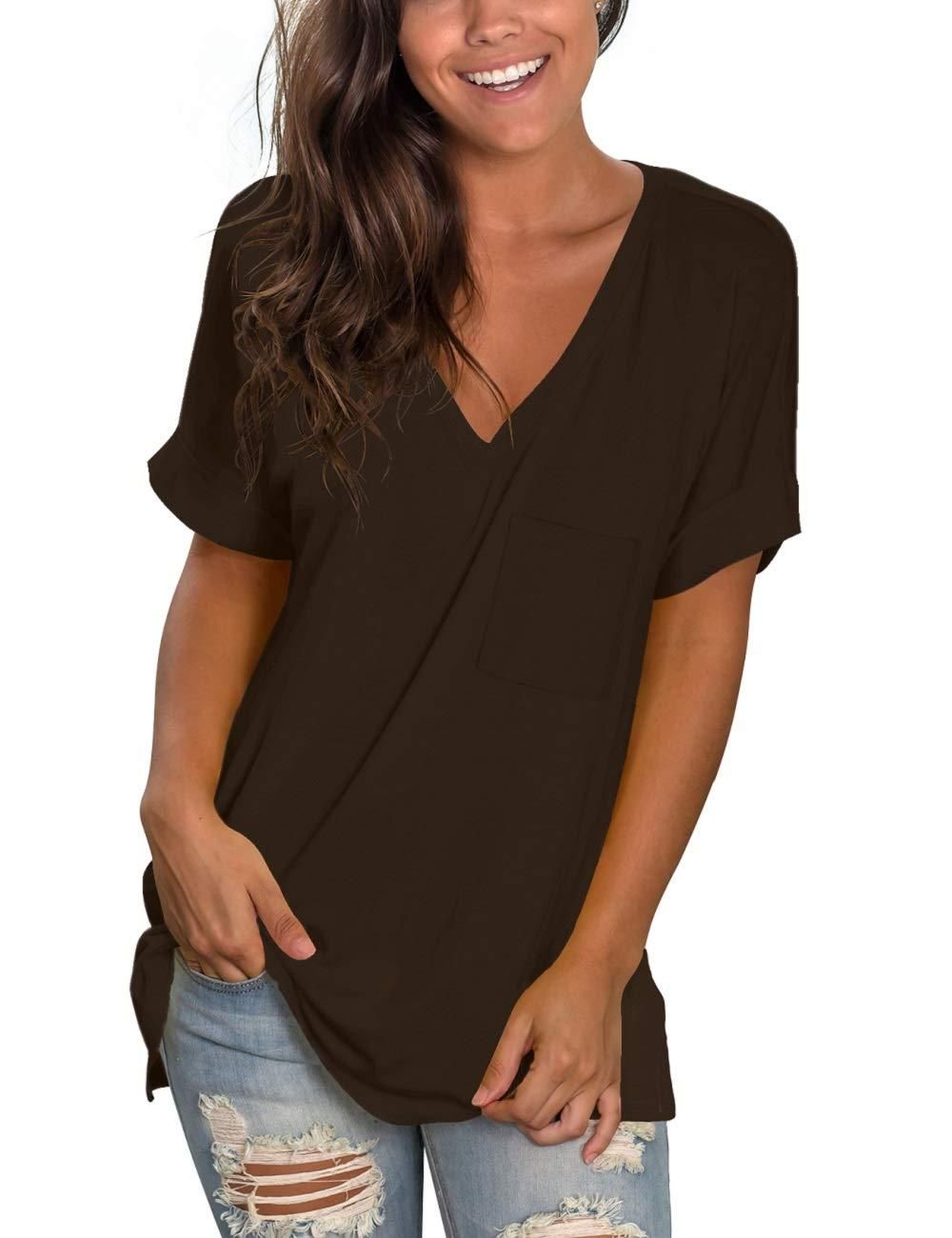 Shirts for Women Casual Summer Tops Simple Tshirts V Neck for Teen Girls Coffee M