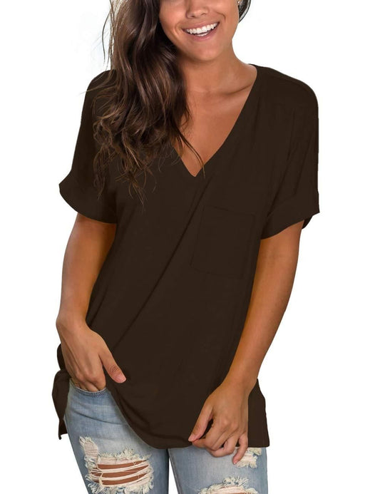 Shirts for Women Casual Summer Tops Simple Tshirts V Neck for Teen Girls Coffee M