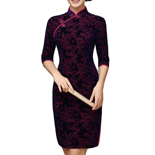 Short Velvet Dress Thin Cocktail Dress Jacquard Cheongsam Dress Party Dress Qipa