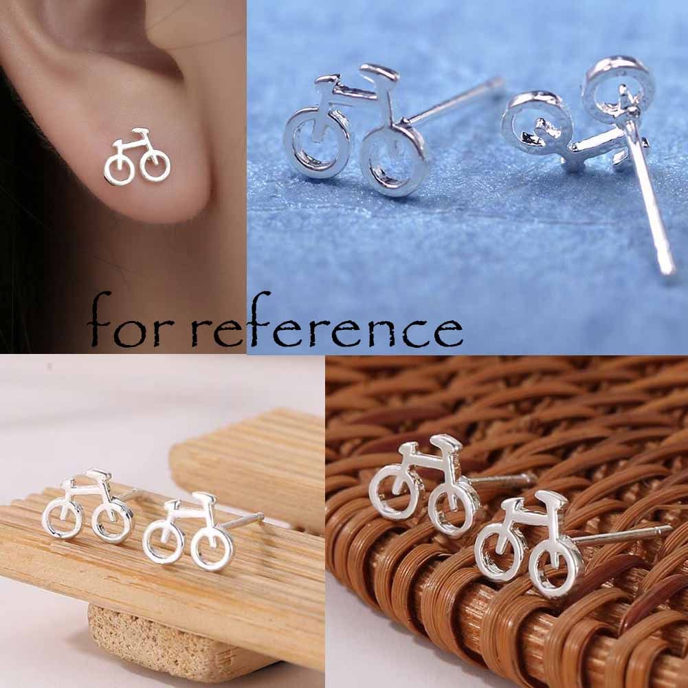 Silver Color Tiny Earrings Fan Gift Bicycle Shape Stud Earrings for Women; 3 Pairs