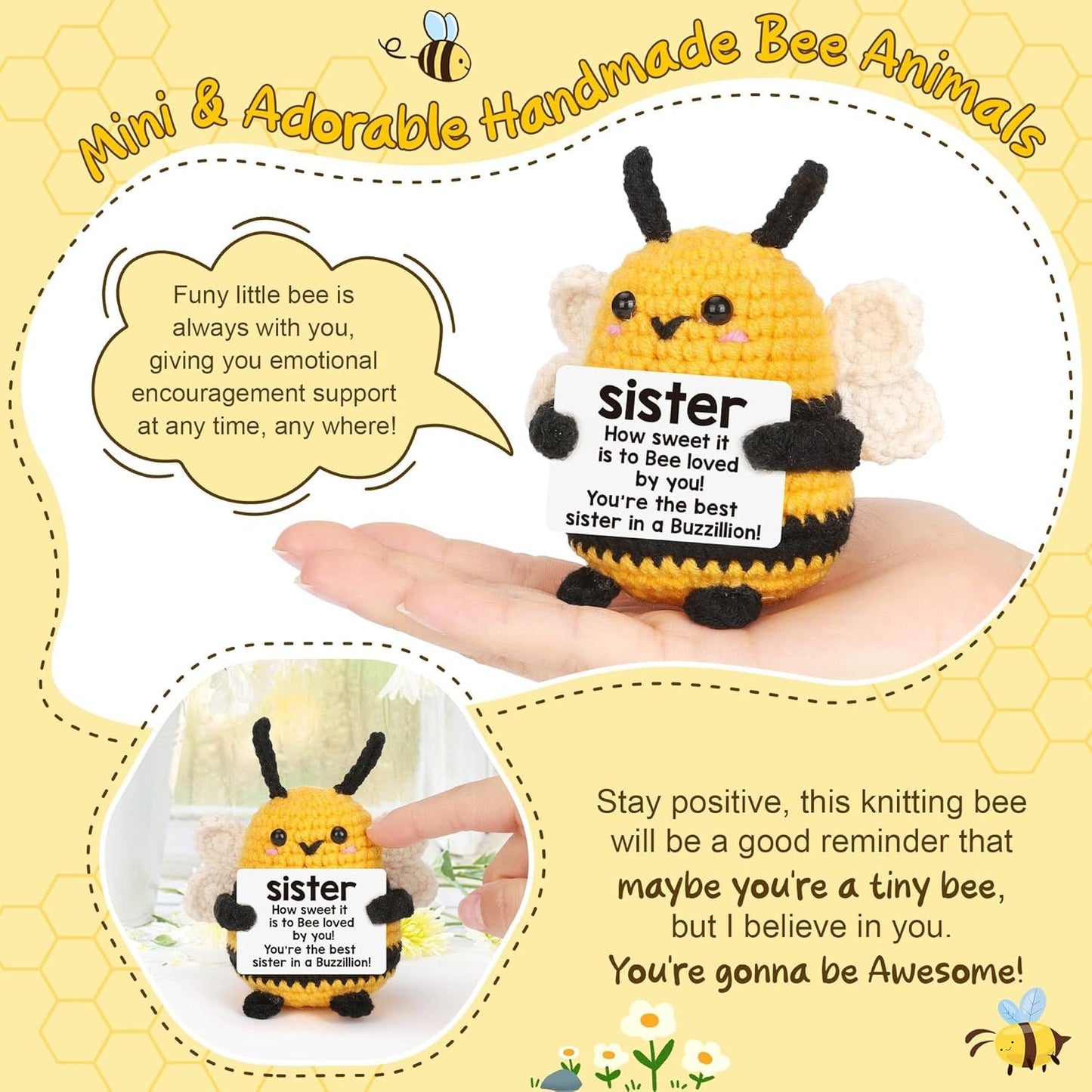 Sister Gifts for Christmas, Sister Birthday Gift, from Sis/Brother, Unique Stocking Stuffer for Women Sis Valentines Mothers Day for Her, Funny Easer Decorations, Cute Handmade Bees