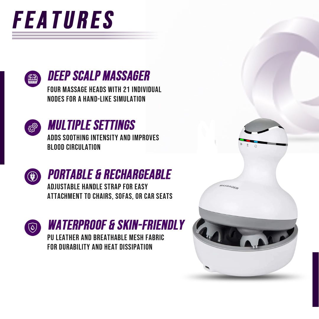 Smart Electric Scalp Massager - Waterproof Wireless Handheld Head Scratcher & Body Massage Tool with 4 Modes, Rechargeable Silicone Nodes for Stress Relief, Relaxation & Hair Growth Stimulation
