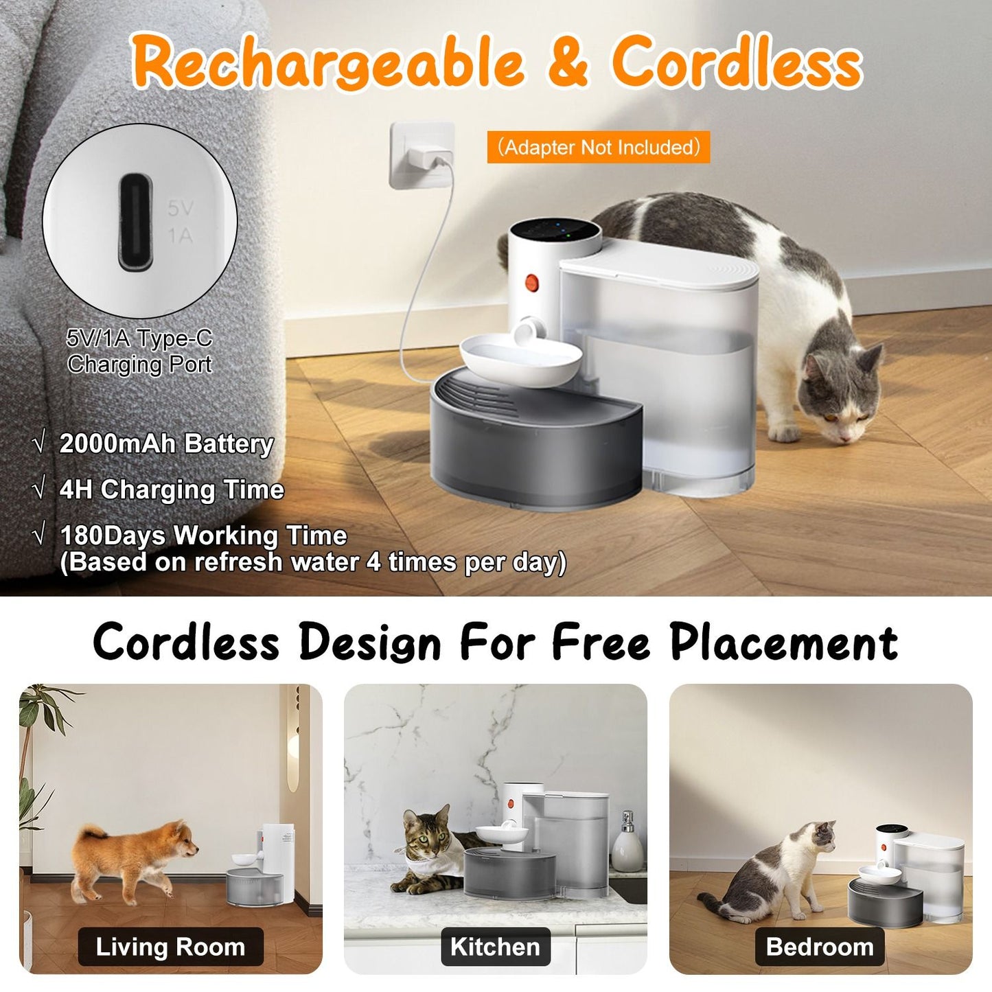 Smart Wireless Pet Water Fountain,2025 Upgraded Pet Water Fountain No Filter,3.5L/118oz Ultra-Quiet Design,Rechargeable Automatic Water Dispenser for Cats and Small Dogs
