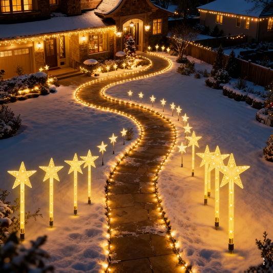Solar Christmas Outdoor Lights 8 Modes, IP64 Waterproof Star Pathway Lights, Auto On/Off with 90° Adjustable Solar Panel & 1000mAh Battery