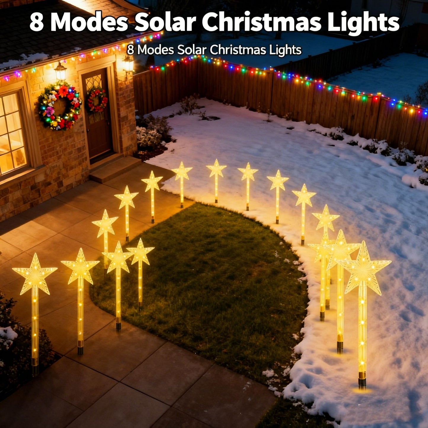 Solar Christmas Outdoor Lights 8 Modes, IP64 Waterproof Star Pathway Lights, Auto On/Off with 90° Adjustable Solar Panel & 1000mAh Battery