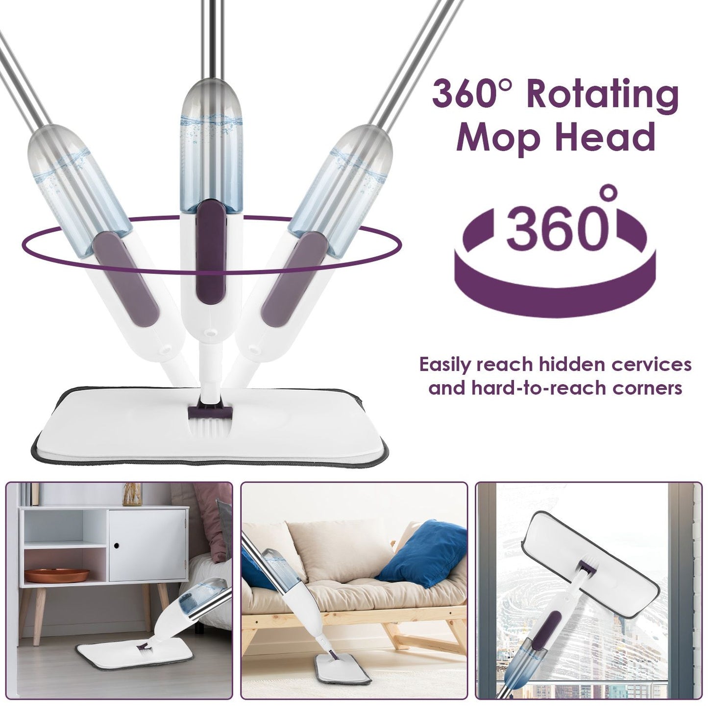 Spray Mop for Floor Cleaning, 49.21" Extended Handle with 360° Rotating Mop Head, 12oz Leak-Proof Water Bottle & 3 Reusable Microfiber Pads - No Battery Needed, for Hardwood, Laminate, Tile, Vinyl & M