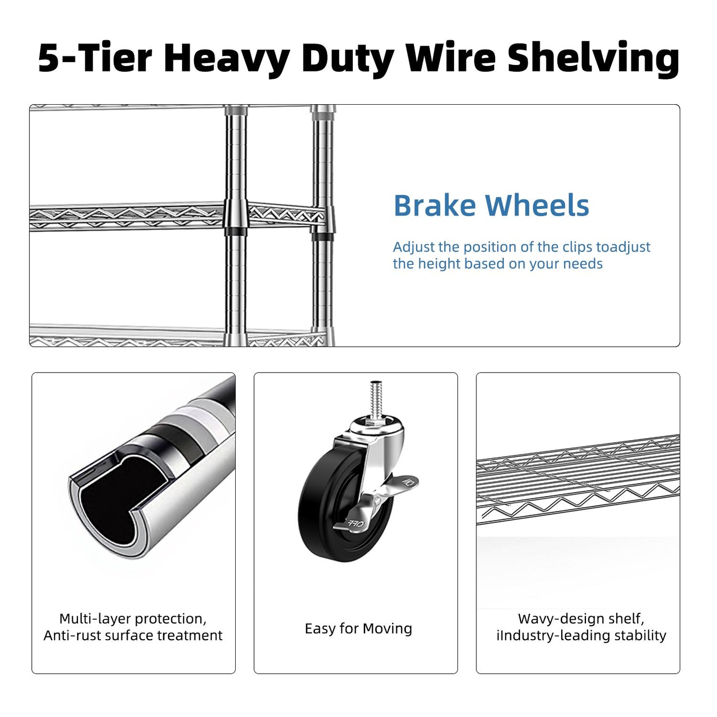 Steel Storage Shelving 5-Tier Utility Shelving Unit Steel Organizer Wire Rack with Wheels for Home,Kitchen,Office,Garage, 1750 LBS Capacity 17.7" D x 47.2" W x 72.3" H