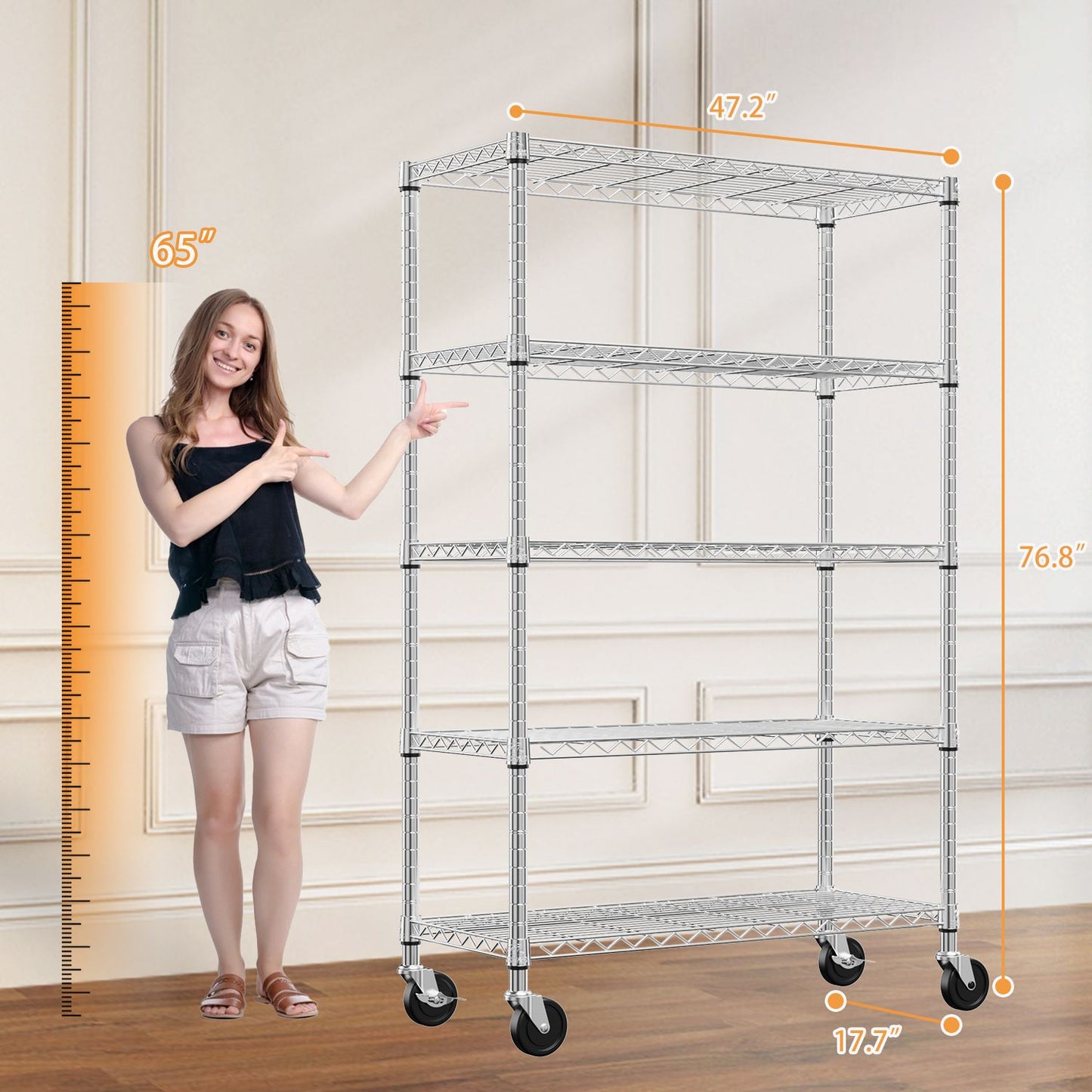 Steel Storage Shelving 5-Tier Utility Shelving Unit Steel Organizer Wire Rack with Wheels for Home,Kitchen,Office,Garage, 1750 LBS Capacity 17.7" D x 47.2" W x 72.3" H